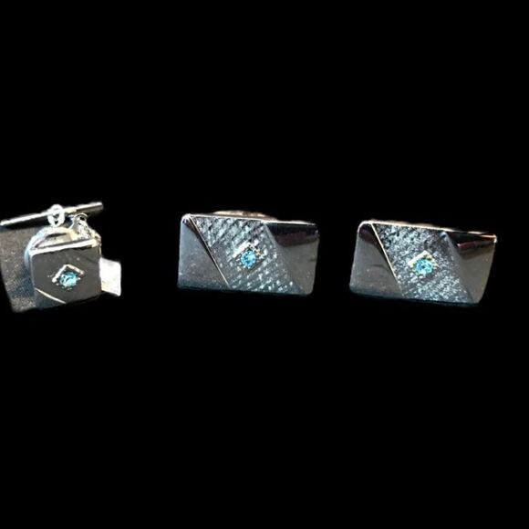 Vintage Sarah Coventry Blue Rhinestone and Silver Tone Cufflinks and Tie pin set - Picture 2 of 7